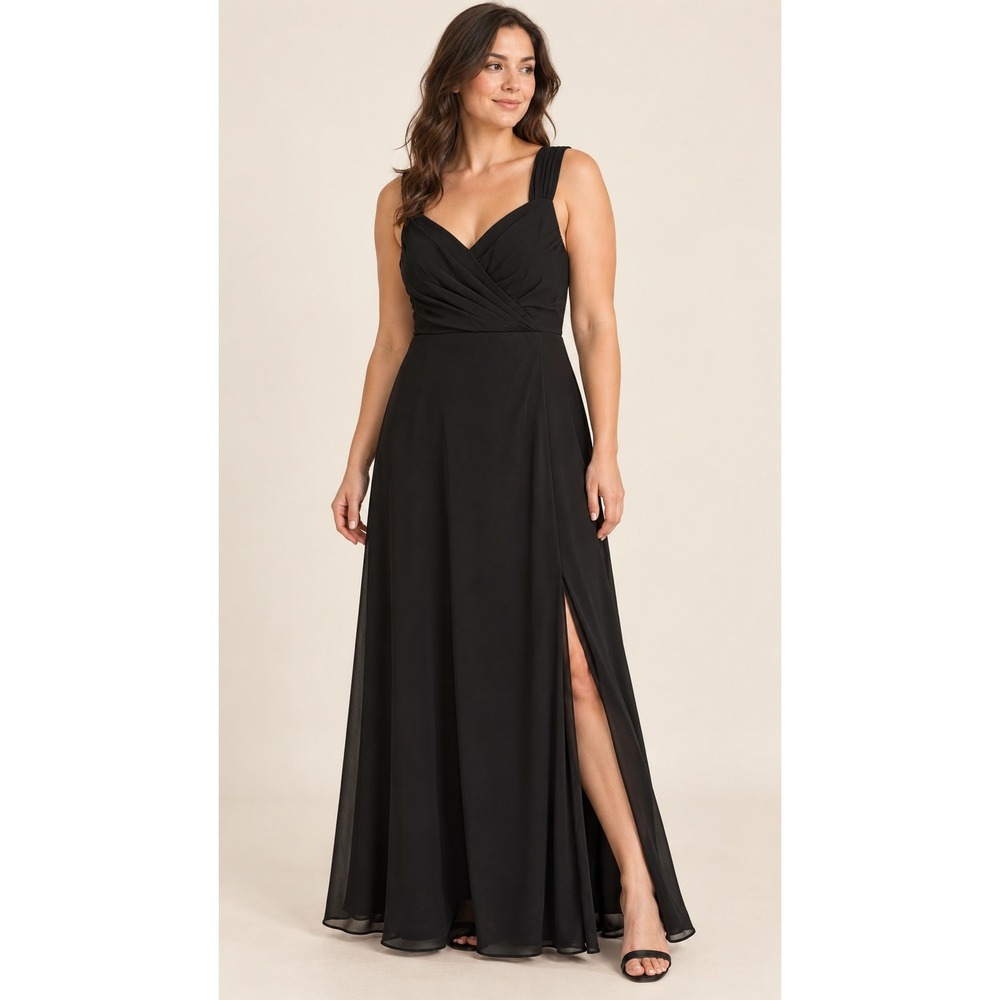 Azazie Bridesmaid Dress A10 Black Chiffon V Neck Pleated Open Back Slit Maxi